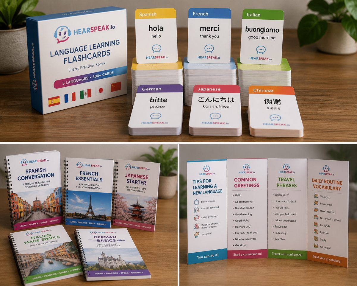 Preview of HearSpeak products: language flashcard decks in six languages, spiral-bound conversation guides, and folding phrase pamphlets